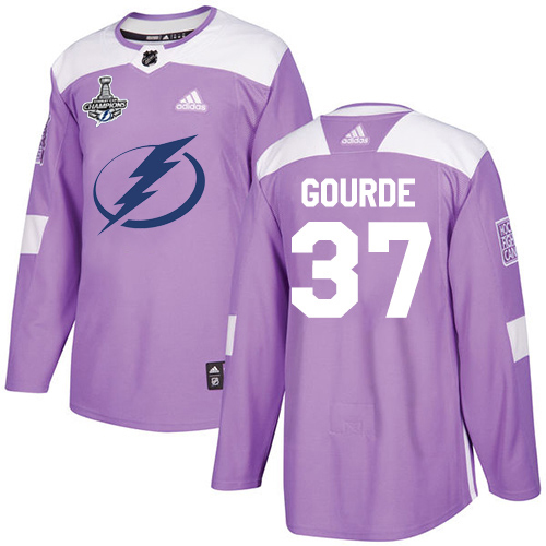 Adidas Tampa Bay Lightning 37 Yanni Gourde Purple Authentic Fights Cancer Youth 2020 Stanley Cup Champions Stitched NHL Jersey